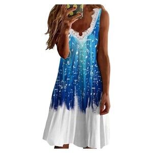 Boho Music Notes Sleeveless Dress White Blue Lace V Neck Lightweight